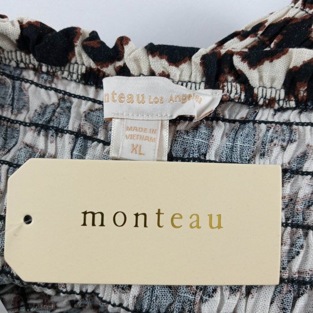 Monteau Puff Sleeve Smocked Crop Top Women's Size XL Leopard Print Linen Blend - Picture 8 of 8